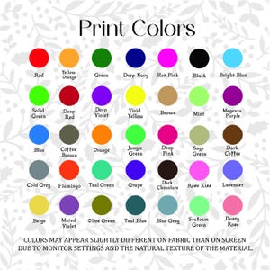 K&ouml;nnte beinhalten: Eine Farbkarte mit dem Titel Print Colors, die zweiundvierzig kreisf&ouml;rmige Farbfelder in verschiedenen T&ouml;nen zeigt, die jeweils mit ihrem Namen beschriftet sind, darunter Red, Yellow Orange, Green, Deep Navy, Hot Pink, Black, Bright Blue, mit einem Hinweis unten.