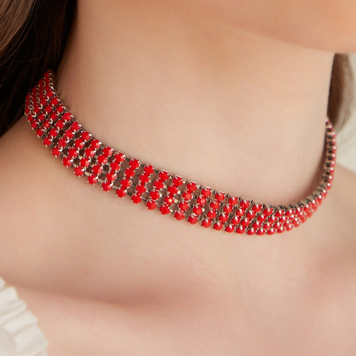 Red Pastel Crystal Stone Choker Fashion Collar Necklace Party Prom Dainty Crystal Necklace Sparkling Crystal Choker Gift Idea Etsy
