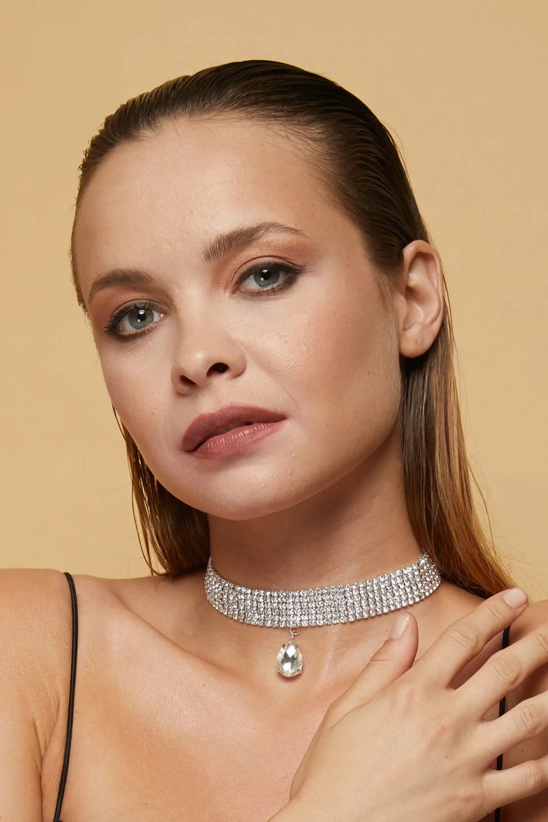 Diamond Shaky Crystal Diamond Choker Silver Crystal Jewelry Collar Stone Necklace Dance Party Prom Unique Rhinestone Choker Gift image 5