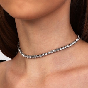 Single Row - Crystal Sparkling Choker - Diamond Choker Necklace - Clear Crystal Silver Jewelry - Dance Party Wedding Prom - Crystal Stone