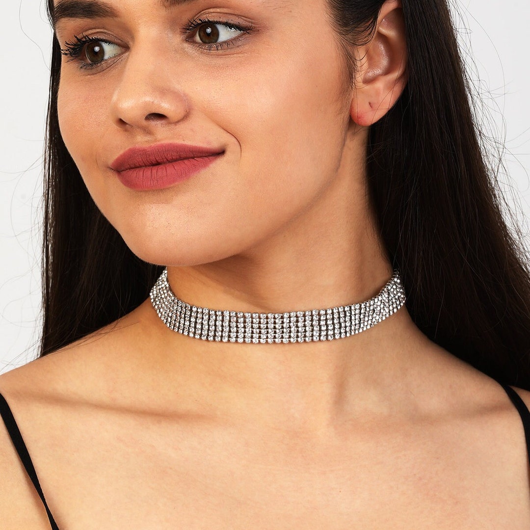 Crystal Zircon Choker: Row Silver Plated Princess Necklace