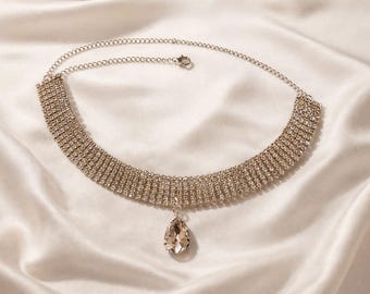 Crystal Rhinestone Choker Necklace, Teardrop Pendant, Bridal Statement Collar Jewelry