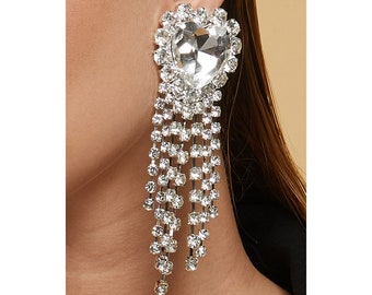 Orecchini Pendenti Lunghi Con Nappe E Strass Glitter Color Argento - Boho Lampadario Glitterato Per Prom Party Gioielli Da Sposa Donna