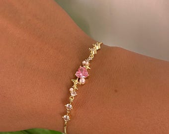Bracciale Tennis Donna Placcato Oro Rosa Con Zirconia Cubica A Cuore – Regolabile, Regalo Matrimonio Damigella