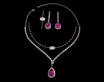 Fuchsia Crystal Zircon Jewelry Set: Evening Necklace and Earrings