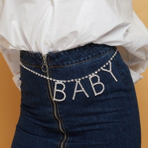 Crystal &quot;BABY&quot; Belt: Silver Plated Rhinestone Chain - Prom Party