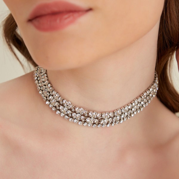 Brillo Crystal Choker - Crystal Stone Choker - Diamond Rhinestone Choker - Silver Necklace Choker - Dainty Crystal Choker - Crystal Jewelry