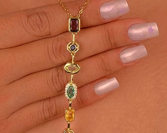 Collier Lariat Chakra en or, Collier en Y avec zircons colorés, Bijoux superposés délicats, Origine turque