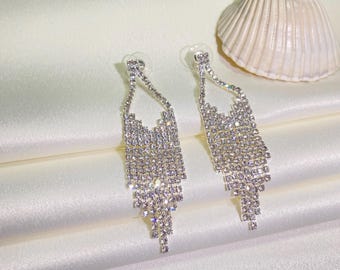 Long Rhinestone Tassel Earrings: Bridal Chandelier Dangle Earrings