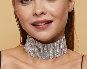 16 Row - Silver Crystal - Stone Choker - Unique Diamond - Collar Necklace - Crystal Jewelry - Crystal Choker - Dance Party Prom - Gift