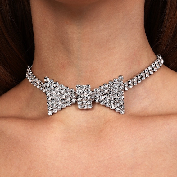 Bow Tie Figure Necklace Rhinestone Silver Choker Fashion Crystal Diamond Jewelry Crystal Stone Sparkling Unique Choker Gift for Her Etsy UK