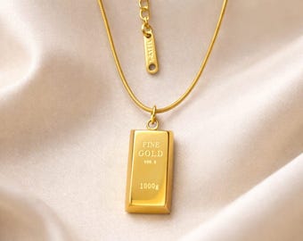 Gold Ingot Stainless Steel Necklace: Bullion Pendant Gold Bar, Snake Tiny Chain Minimalist