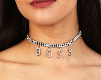 Boss Letter Stone - Crystal Silver Jewelry - Crystal Rhinestone Necklace - Sparkling Crystal Choker - Party Prom Celebration - Stone Choker