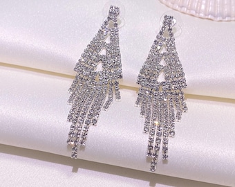 Rhinestone Chandelier Tassel Earrings: Silver Plated Bridal Jewelry