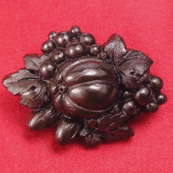 Antique Victorian Hand Carved Irish Bog Oak Mourning Lace Pin Brooch with Fruit, Fig, Vine Leaves, Grapes