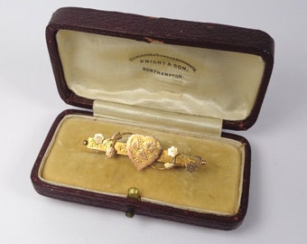 Antique Romantic Victorian Hallmarked 1899 9ct Gold Sweetheart Bar Brooch Pin in Box