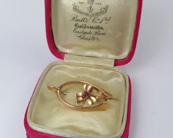 Romantic Antique Edwardian 9ct Rose Gold Amethyst Set Lucky Wishbone and Clover Valentine Sweetheart Brooch Pin Cased in Ortginal Period Box