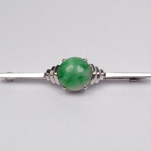 Antique Art Deco 9ct White Gold Moss-In-Snow Jade Burmese Jadite Bar Brooch Pin in vintage box. zdjęcie 3