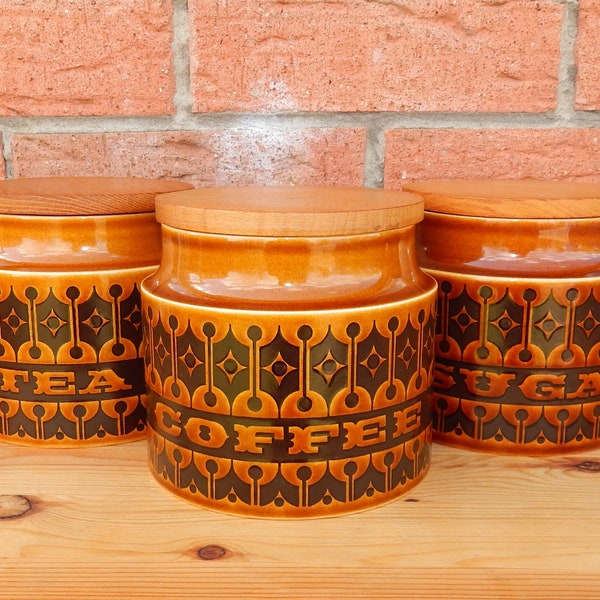 Retro Vintage 1970s Hornsea Pottery Heirloom Tea Coffee Sugar Set Storage Canisters / Jars in Autum Brown by John Clappison