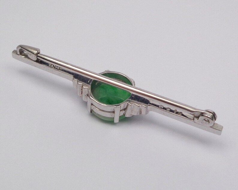 Antique Art Deco 9ct White Gold Moss-In-Snow Jade Burmese Jadite Bar Brooch Pin in vintage box. zdjęcie 5