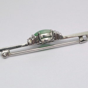 Antique Art Deco 9ct White Gold Moss-In-Snow Jade Burmese Jadite Bar Brooch Pin in vintage box. zdjęcie 7