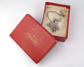 Vintage 1948 Hallmark Silver Frederick Massingham small Ballerina Dancer Brooch with safety chain in old gift Box