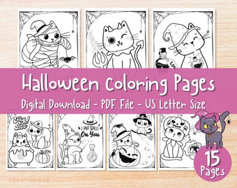 Pagine da colorare di Halloween, Disegni da colorare per bambini, Disegni da colorare di gatti, Attività di Halloween, Disegni da colorare di Halloween, Gatti spettrali, Digitale, 15 pagine