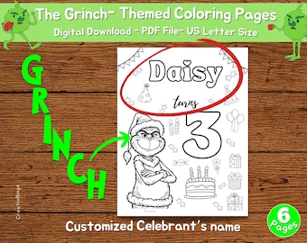 Foglio da colorare personalizzato per il compleanno del Grinch. Pagine da colorare del Grinch.