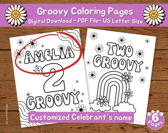 Due pagine da colorare Groovy, Pagina da colorare Groovy, Groovy One, Festa a tema Groovy, Festa a tema Groovy, Colorazione personalizzata, Bomboniere