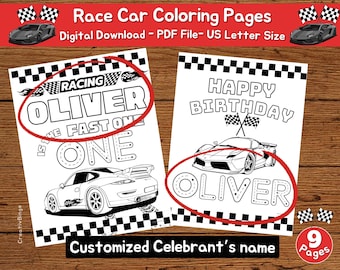 Pagine da colorare a tema auto, pagina da colorare auto da corsa, attività per feste di compleanno Fast One, compleanno auto da corsa personalizzato, attività da tavolo personalizzate