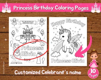 Pagine da colorare a tema principessa per feste di compleanno, pagine da colorare personalizzate per compleanni, pagine da colorare per compleanni magici con principesse