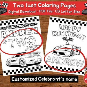Car Themed Birthday Coloring Sheet, Two Fast Birthday, Two Fast Race Car, Custom Race Car Birthday, Race Car Party, Personalized Race Car
