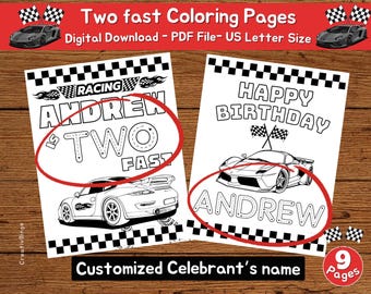 Foglio da colorare per compleanno a tema auto, due compleanni veloci, auto da corsa, pagine per feste personalizzate