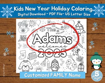 Capodanno per bambini, Colorare per le feste, Attività per il nuovo anno, Colorare per il nuovo anno, Nome di famiglia personalizzato, Capodanno 2025, Felice anno nuovo, Capodanno 2025