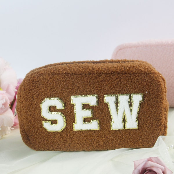 Personalized Teddy Sherpa Large Cosmetic Bag | Chenille Letter Patch Makeup Bag | Customized Travel Bag | Bridesmaids Gifts | Patch Tote