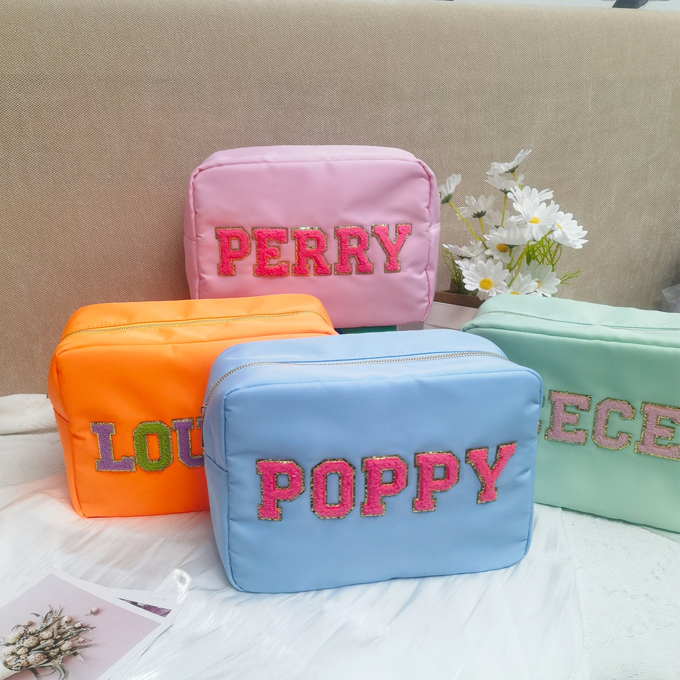 Makeup Bag Chenille Patch Custom Makeup Bag |Nylon Pouch Bag, Bags for patches, Toiletry Bags, Summer Travel Cases Large Gift for her XL