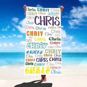 Personalisiertes Strandtuch mit Namen, individuelles Monogramm-Poolhandtuch, Signatur-Strandtuch für Kinder, Junggesellinnen-Party-Handtuch-Geschenk