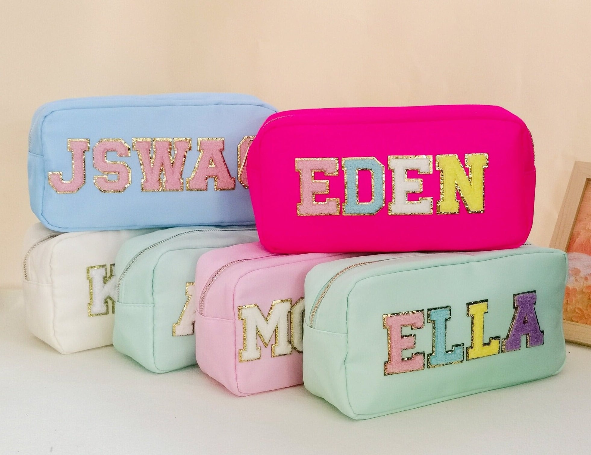 Custom Large Nylon Pouch , Personalized Chenille Patch Makeup Bag,  Travel Toiletry Bags, Cosmetic bag, Bridesmaid Gift,Gift Pouch