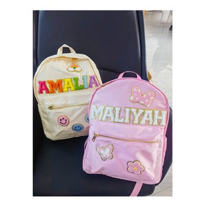 Nylon Backpack with SEWN ON Glitter Varsity Letters and Patches, Backpack for Kids and Students, Back to School, Backpack with Patches
