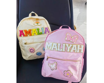 Nylon Backpack with SEWN ON Glitter Varsity Letters and Patches, Backpack for Kids and Students, Back to School, Backpack with Patches