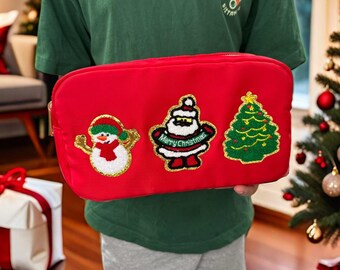 Aangepaste grote nylon tas, gepersonaliseerde chenille patch make-up tas, reistoilettassen, make-uptas, bruidsmeisje cadeau, kerstcadeau zakje