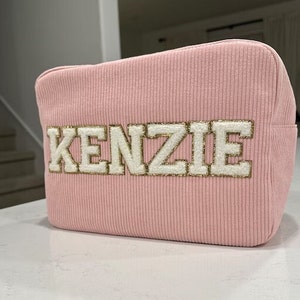 Sewn Corduroy Makeup Bag-Preppy-Personalized gift-Bridesmaid gift-Bride Tribe-Bride Bag-Monogram bag-Anniversary Gift-Chenille Patch