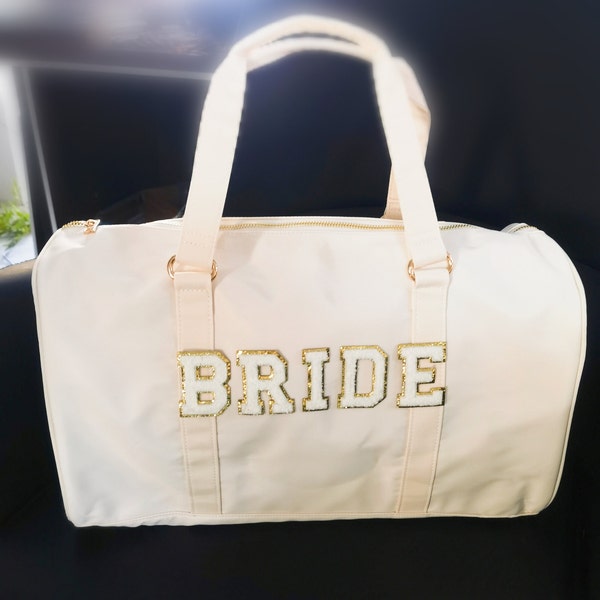 Sewn Personalized Bridal Bag / Bride Gift |Duffle Bag With Glitter Varsity Letter Patches /Nylon Travel Duffle Bag