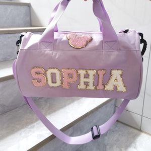 Bolsa de baile personalizada para niñas, bolsa de lona con nombre personalizado, regalo con letras de chenilla para bailarinas, animadoras gimnastas, regalo de cumpleaños para niñas