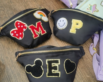 Custom Jumbo Fanny Pack Small Fanny Pack, Sewn on Chenille Patches ,Personalized Nylon Waist Pack, Kids Adult Belt Bag