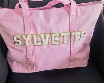 SEWN Tote Bag With Glitter Varsity Letter Patches / Overnight Bag / Personalized Travel Bag / Nylon Travel Duffle Bag