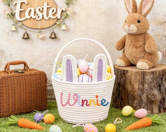 Custom Easter Basket with Name, With Baby Name Basket,Rope Cotton Baby Gift Basket,Hunt Basket,Baby Shower Gift,Bunny Basket,Newborn Gift