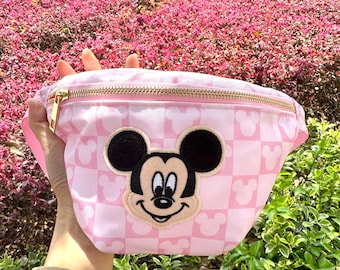 Anpassad nylonmagväska; Disney rosa och vit rutig, nylon, Disneyland-tillbehör, rosa rutig, bältesväska