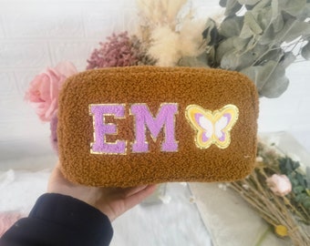 Personalized Teddy Sherpa Large Cosmetic Bag | Chenille Letter Patch Makeup Bag | Customized Travel Bag | Bridesmaids Gifts Sewn