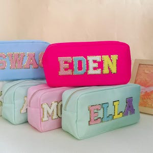 Personalized Large Makeup Bag , Monogrammed Toiletry Bag,Custom Chenille Patch Nylon Pouch,  Cosmetic bag, Bridesmaid Gift